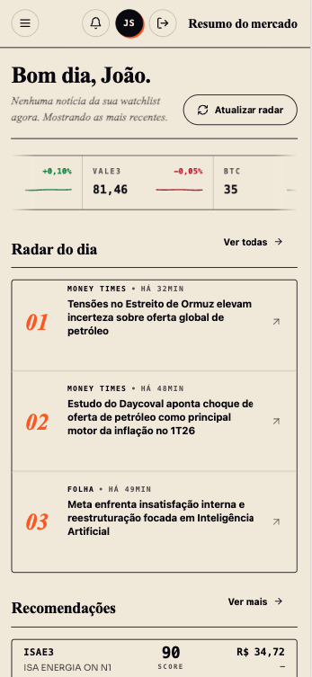 Dashboard mobile do InvestRápido com alertas de mercado em tempo real